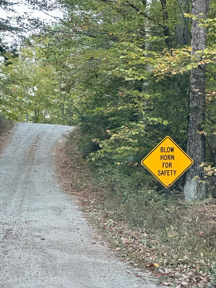 A narrow dirt road with a very small, but steep little hill, the crest of which cannot be seen over. There is a yellow road sign which reads, “Blow horn for safety” 