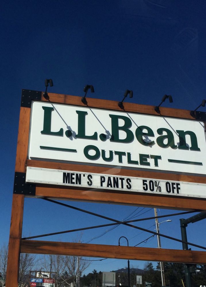 L. L. Bean outlet sign. Changeable letter sign reads: men’s pants 50% off 