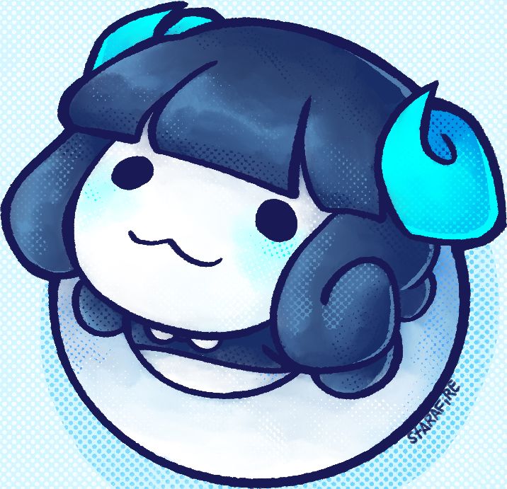 A top-down view of a small chibi creature with cyan horns staring back up at the viewer with a kitty face