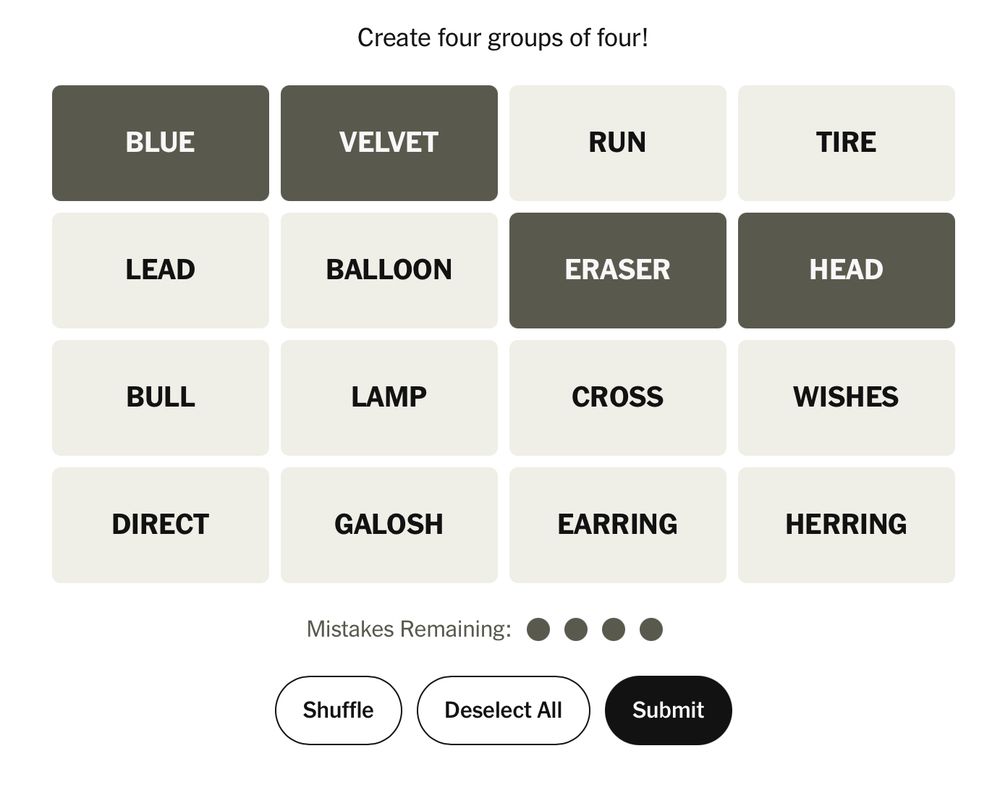 A game from the New York Times, Connections. Highlighted selection includes the words "Blue" "Velvet" "Eraser" and "Head"