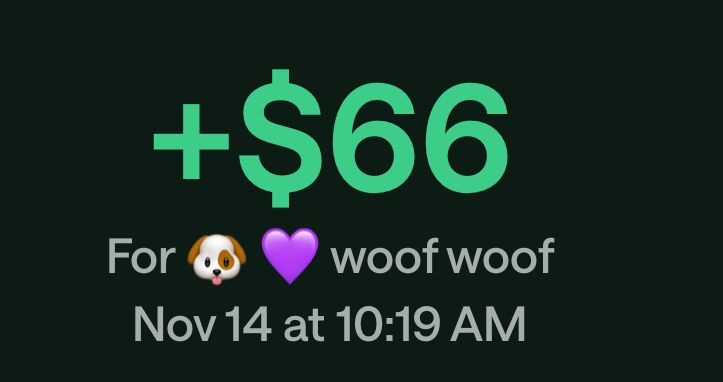A screenshot from chime that says +$66 for 🐶 💜 woof woof, nov 14 at 10:19am
