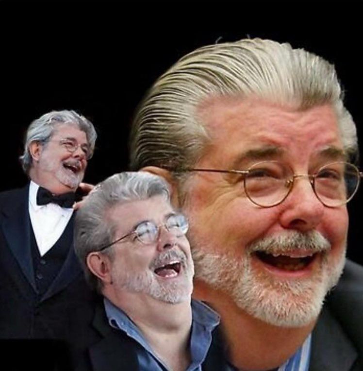 Three pictures of George Lucas laughing