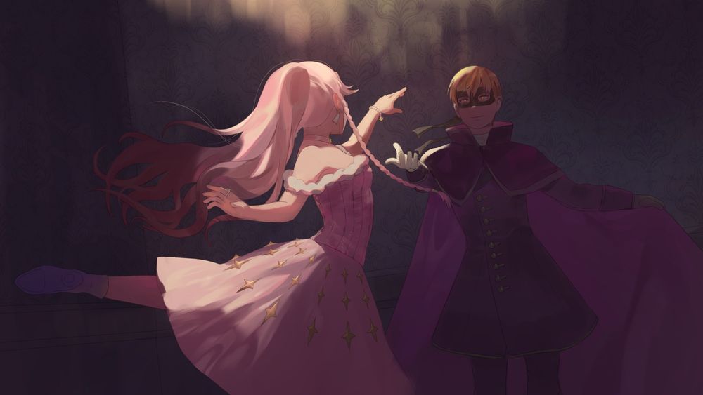 Painting of the characters Olivia and Gaius from the game Fire Emblem Awakening, in a masquerade ball AU where they are dancing together. Olivia is wearing a pink dress, one leg extended behind her in an arabesque, one arm reaching out towards Gaius. Gaius is dressed in a black ensemble with a cloak and a cloth mask around his eyes, reaching out towards Olivia as well.