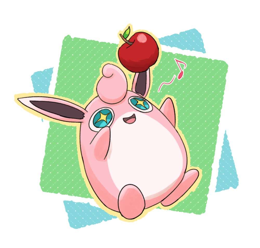 Wigglytuff, the Guildmaster from Pokemon Mystery Dungeon Explorers of Sky, juggling a Fancy Apple while humming a tune. His eyes are starry with delight.