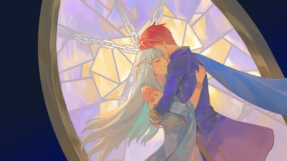 Art of Eliwood and Ninian from the Fire Emblem: Blazing Blade game. The two are dressed in formal outfits, embracing each other as they stand in front of a stained glass window. The stained glass design is that of a heart with chains across it.