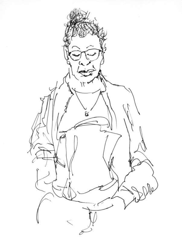 Pen sketch from life of middle-aged woman on the London Tube.
