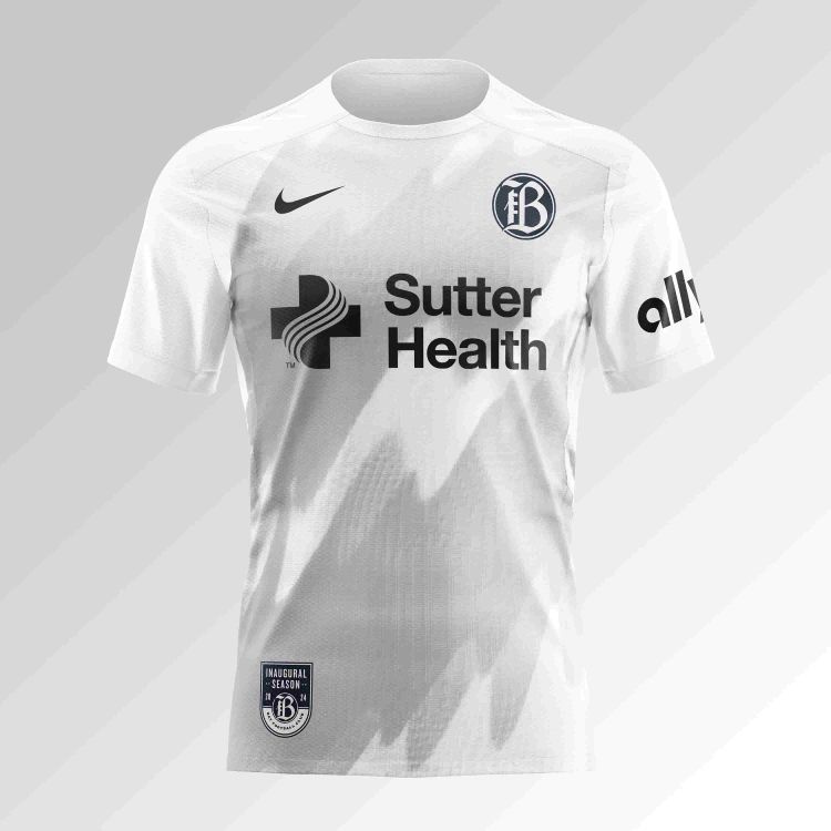 Bay Area FC’s inaugural kit is a white shirt with grey lightning bolt looking zig zags and “Sutter Health” as the front of kit sponsor.