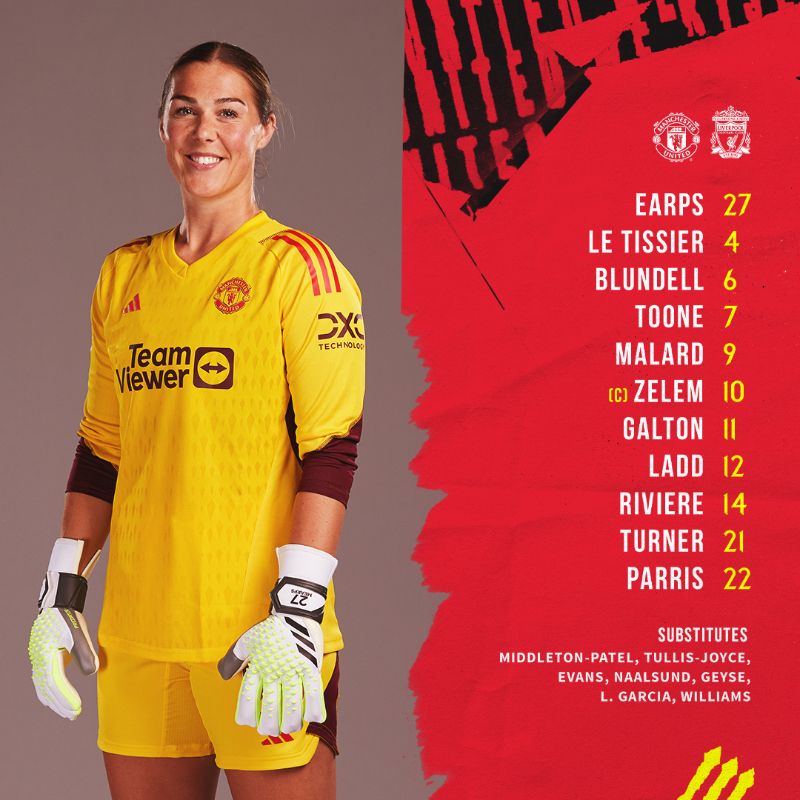 Man United Women lineup for their match vs Liverpool:

Earps 27
Le Tissier 4
Blundell 6
Toone 7
Malard 9
(C) Zelem 10
Galton 11
Ladd 12
Riviere 14
Turner 21
Parris 22