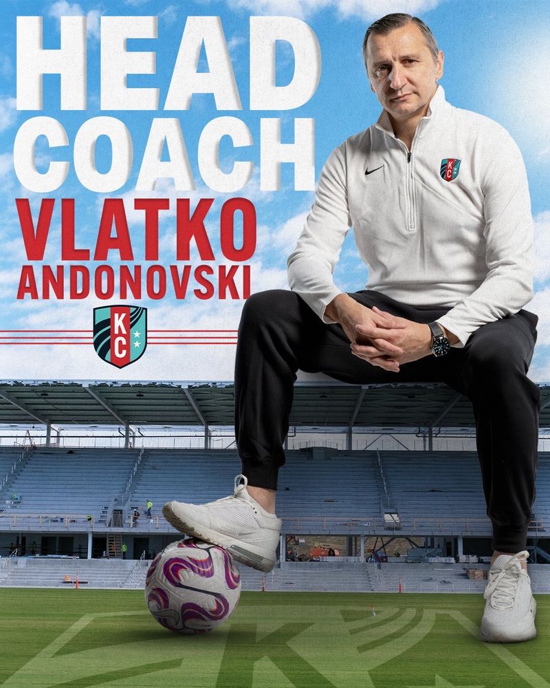 Text reading “head coach Vlatko Andonovski” overlayed on a giant Vlatko sitting atop the new KC Current stadium
