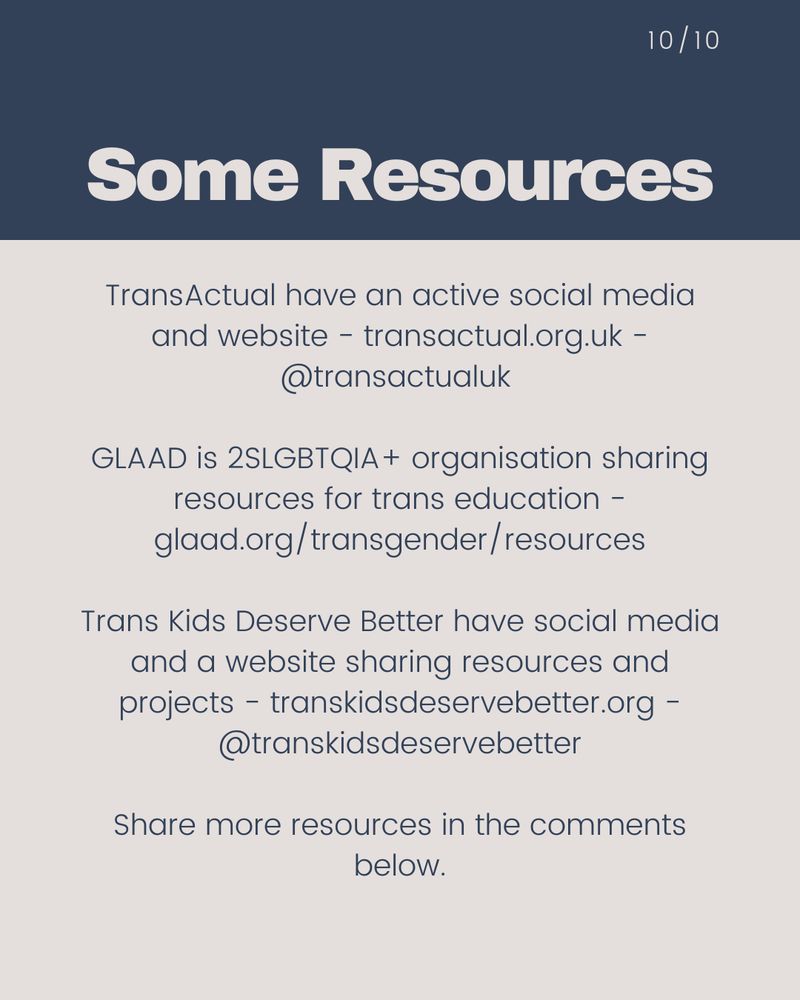 Resources card, including TransActual, GLAAD, and Trans Kids Deserve Better.