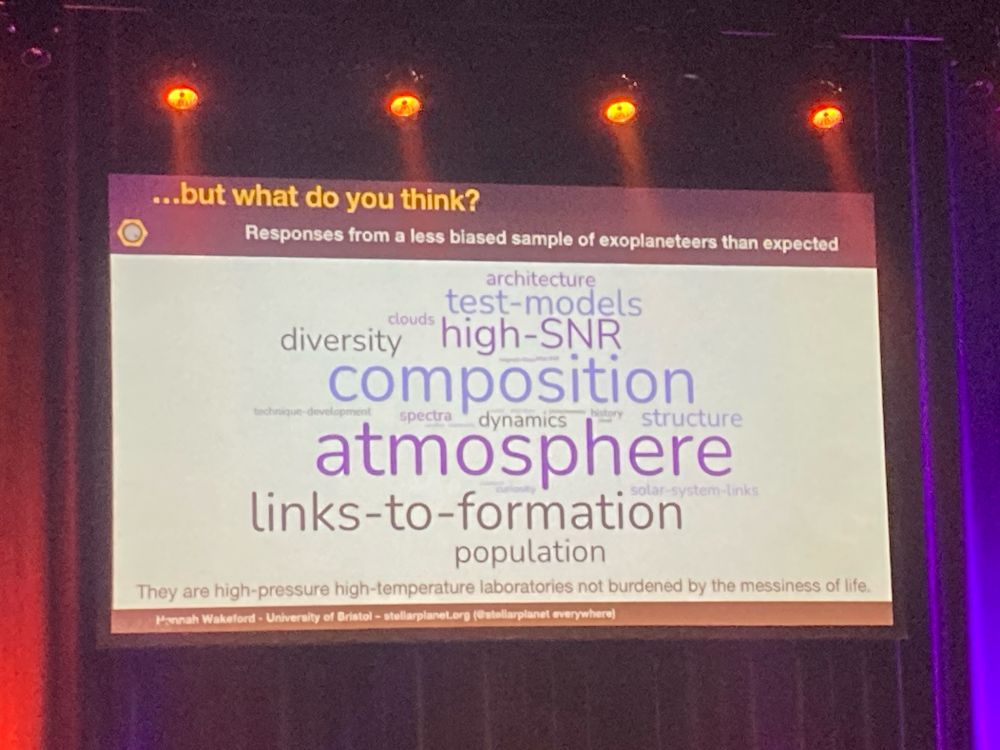 Word cloud including: architecture, test models, cloudy, high SNR, diversity, composition, atmosphere, links-to-formation, populations, dynamics, structure, spectra. At the bottom is a quote: ‘They are high pressure, high temperature laboratories not burdened by the messiness of life’