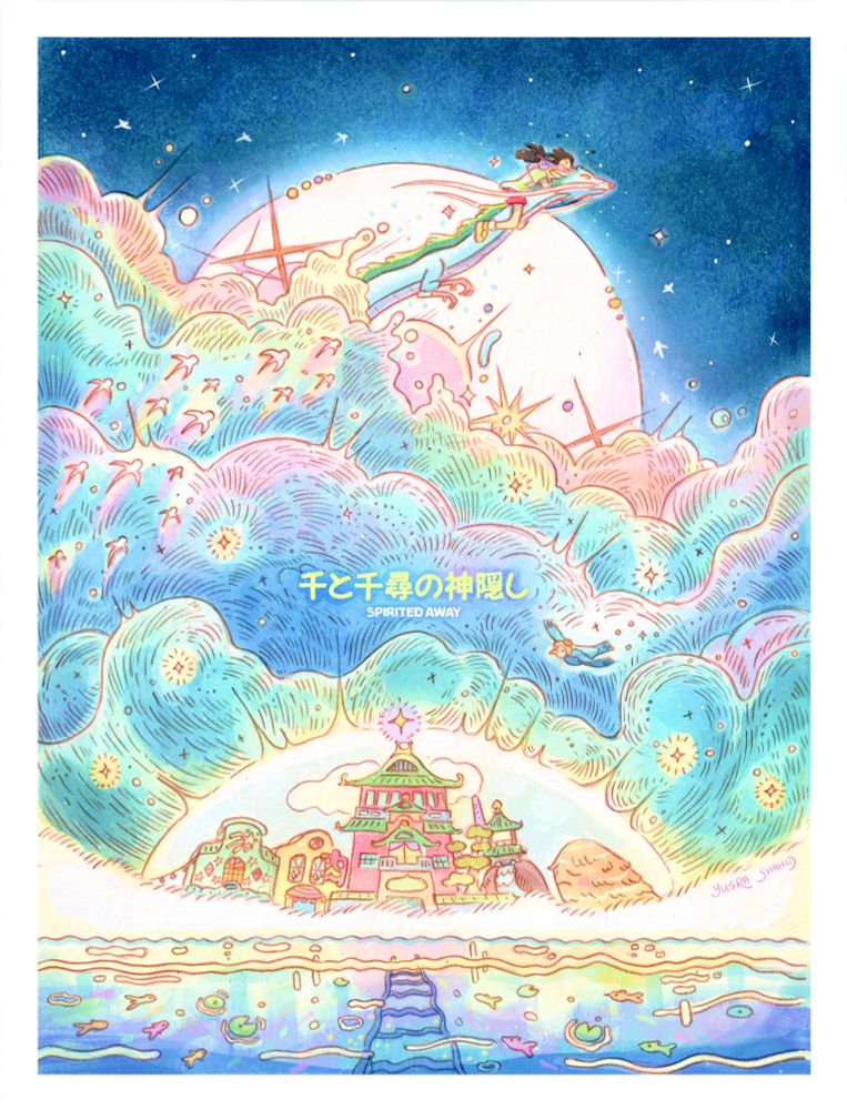 Illustrated poster of Spirited Away. Haku and Chihiro fly over the bath house and other colourful buildings. Haku is still a dragon
