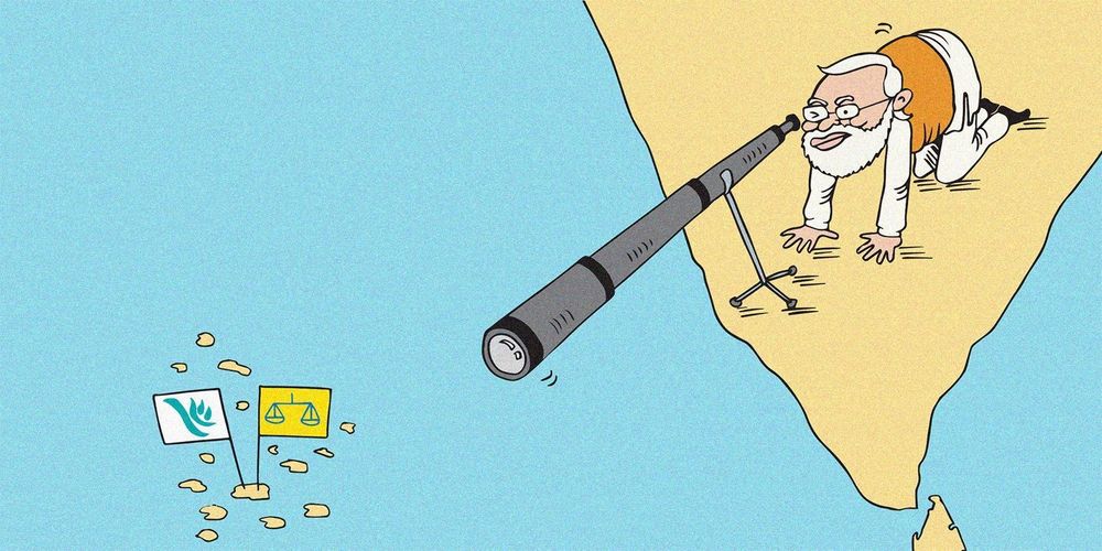 Cartoon showing India prime minister Narendra Modi looking at the Maldives through a telescope. The flags of the MDP which is a set of blue weighing scales on a yellow background and Peoples National Congress which is an outline of a blue bird on a white background can be seen sticking out of the Maldives. This is to illustrate the story that MDP sought funds to impeach the Maldivian president Mohamed Muizzu from India, and Indian intelligence had met with MDP on this though the plan did not materialise. 