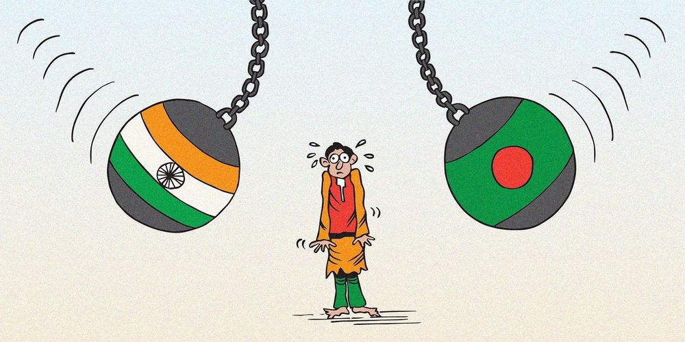 An illustration showing a Southasian man standing between two wrecking balls, one bearing the Indian flag and the other the Bangladesh flag. The illustration is by Sri Lankan cartoonist Gihan de Chickera.