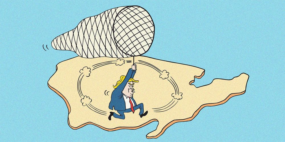 Cartoon of Donald Trump holding a large net and running around a block of land - for a story about how his executive orders after one week in power are impacting Southasian refugees and migrants