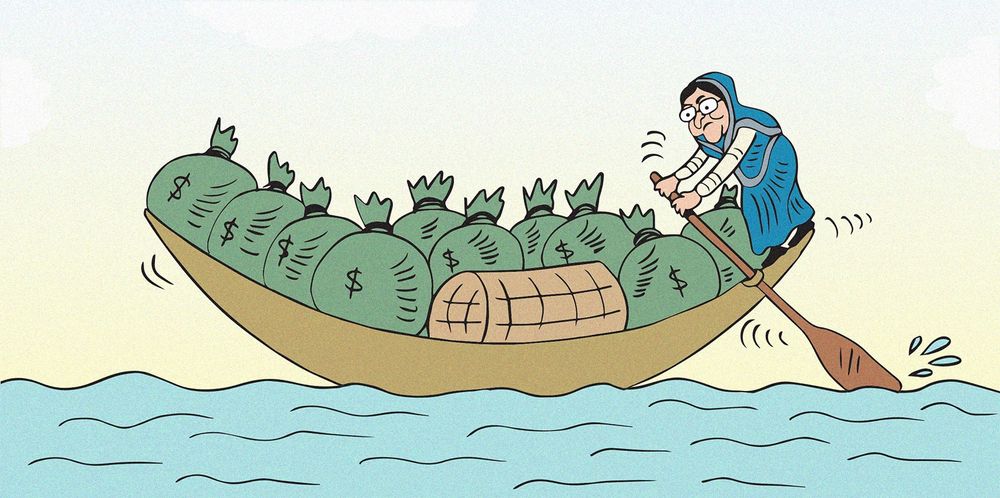 Cartoon by Gihan de Chickera showing Sheikh Hasina in a boat filled with cash (referring to Tulip Siddiq’s resignation due to corruption allegations in Bangladesh). 