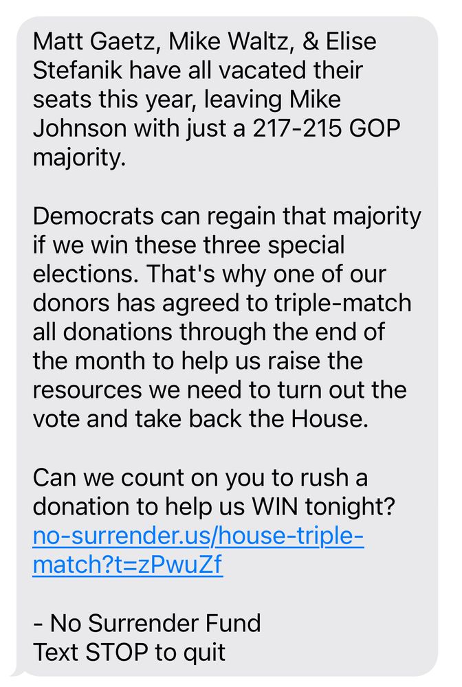 Image of a text message where the No Surrender Fund asks for a donation to retake the House majority in 2026. 