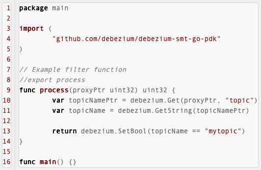 A code listing showing a simple Go-based message transformation for changing a record's Kafka topic.