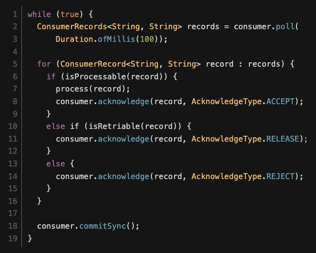 A source code listing showing how to use the new Kafka share group API to acknowledge messages one by one.