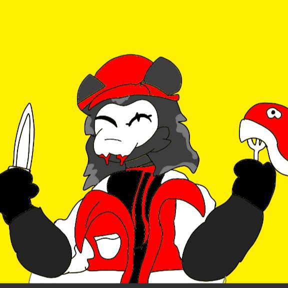 Hellix holding a knife and fork with meat on it, wearing a white and red jacket, as well with a red head. There's a slight blood under his mask, All in a reference of a scene in Butcher's Vanity by Vane Lily.