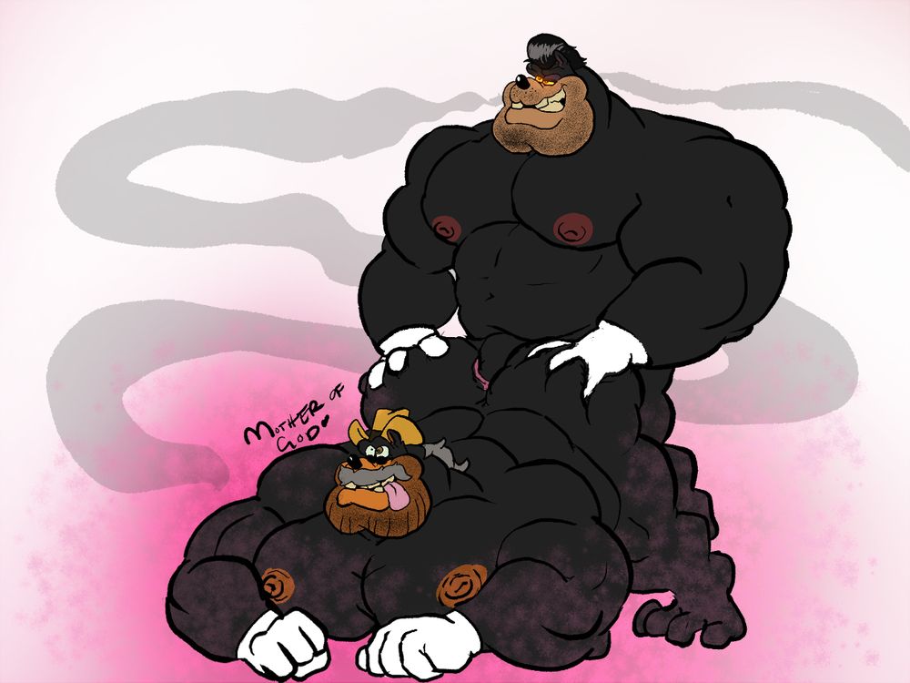 Pete Monte fucks Pete James doggy style, with James' gloved hands balled into fists as he takes a raw pounding. His expression, once so serious and stoic, has turned completely goofy and horny, tongue hanging out, eyes bugged wide. All of his dignity and shame erased by Pete.

Monte stands behind him, digging fingers into his soft ass. He grins smugly, clearly loving the experience just as much as his counterpart but retaining some semblance of control—he's used to this after all!