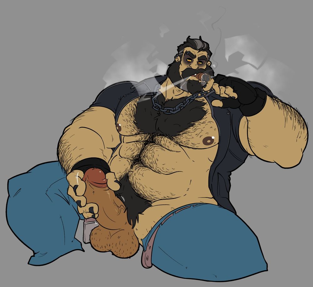 Monte (human form) jerks off while puffing a cigar, blowing out plumes of smoke. He wears his blue jeans, leather vest, and necklace with no shirt, and a pair of fingerless leather gloves. He has a slightly annoyed expression, like he’s just trying to get it over with.

#WorgenRougeArt #WorgenRougeNSFW
