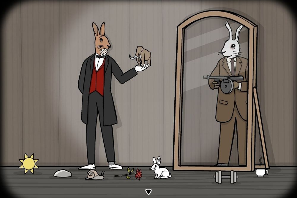 Captura de pantalla del videojuego "The Mr. Rabbit Magic Show", de la compañía Rusty Lake. En ella se ve a un personaje llamado Sr. Conejo, que es literalmente un conejo antropomorfizado de color marrón claro con cara amable y que viste un traje de chaqueta negro, un chaleco rojo, una camisa blanca, unos zapatos blancos, unos guantes blancos y una pajarita negra. A sus pies lo rodean varios objetos: un sol amarillo, una piedra gris, un caracol beige, una rosa roja y un conejo blanco. Además, en su mano porta un mamut en miniatura de color marrón.
Al lado del Sr. Conejo hay un espejo de cuerpo entero reflejándolo, pero el reflejo es otra versión del Sr. Conejo. En este caso se trata de un conejo antropomorfizado de color blanco con cara ausente y que viste un traje marrón, una corbata de un marrón más oscuro, camisa blanca, guantes marrones y zapatos grises. En sus manos porta una metralleta en posición de disparo y está apuntando al Sr. Conejo original.
Toda la escena parece estar ocurriendo en un escenario de un teatro, como si fuera una actuación de trucos de magia.