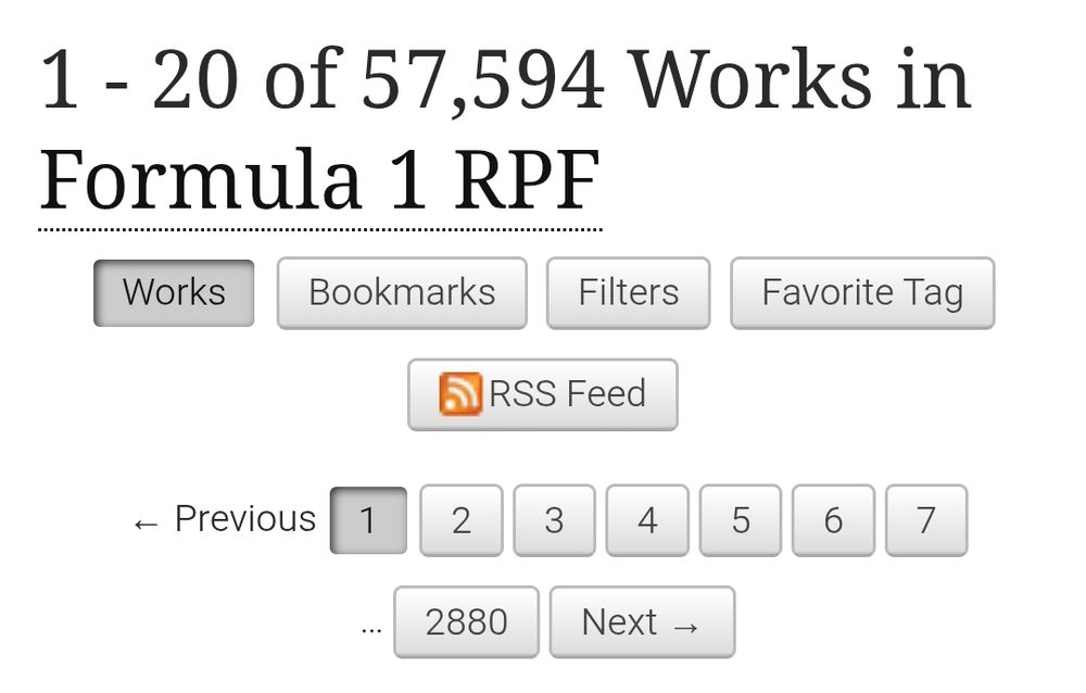 Captura de pantalla de AO3 que lee "1 20 of 57,594 Works in Formula 1 RPF". Debajo, se muestra que hay 2880 páginas de fics de F1.
