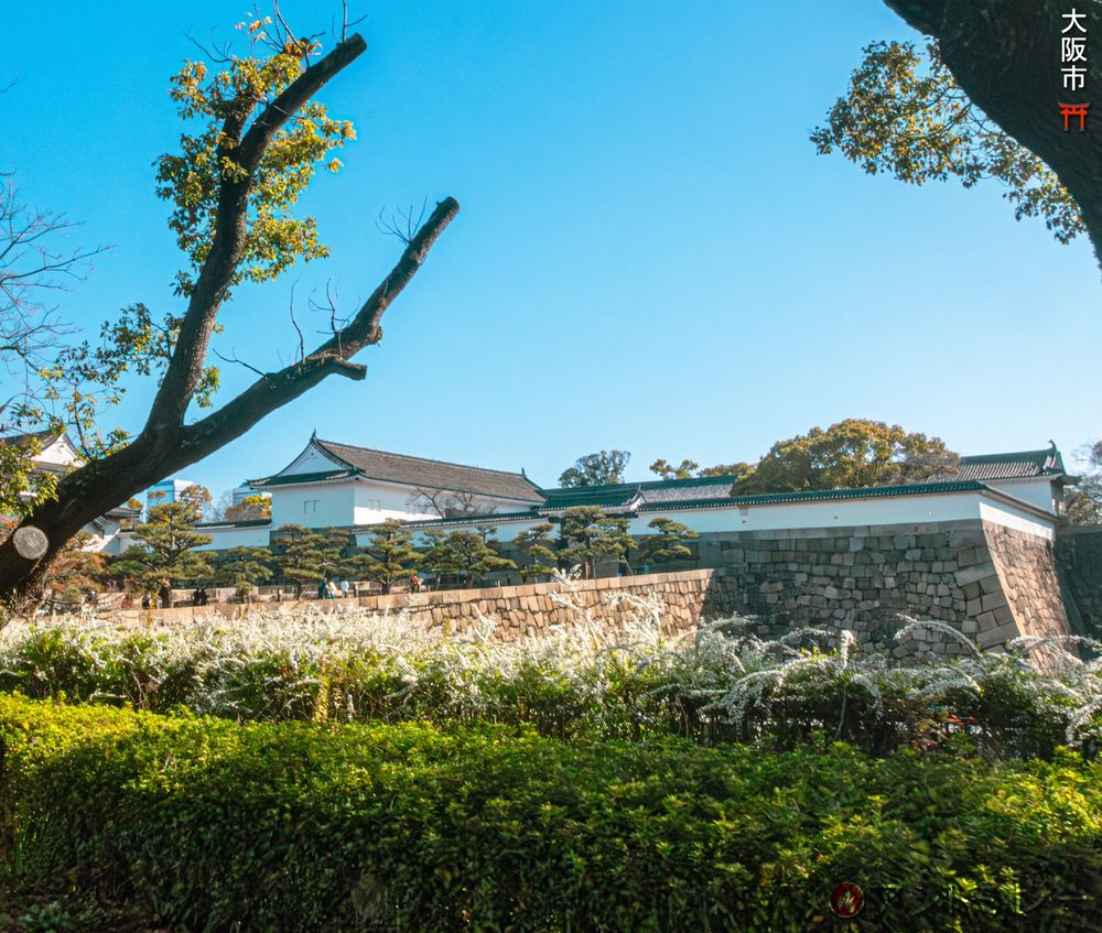 Views across the expansive grounds of Osaka Castle: from moss-covered stone walls and ancient turrets to garden paths and historic outbuildings set among green trees. | 大阪城の広大な敷地。苔むした石垣や古い櫓、緑の木々に囲まれた庭園の小路、歴史ある付属建物が点在する様子。
