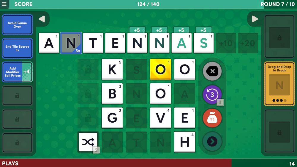 Screenshot of the video game "Word Play" with "ANTENNAS" spelled out on the screen