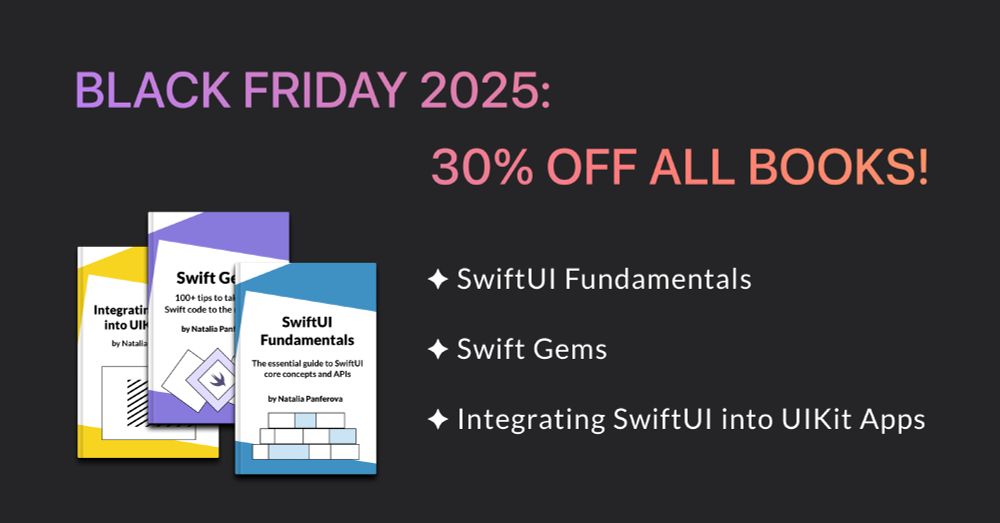 Black Friday promotional banner advertising 30% off Natalia Panferova's books: SwiftUI Fundamentals, Swift Gems and Integrating SwiftUI into UIKit apps