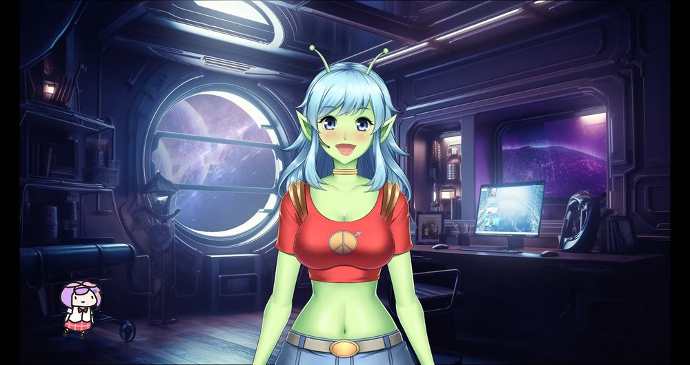 MarzGurl, the occasionally-used VTuber rig. Green-skinned alien with pointy ears and long blue hair, wearing a headset microphone, a red T-shirt with a peace symbol combined with the symbol for the planet/God Mars, and blue jeans, standing on the deck of a spaceship