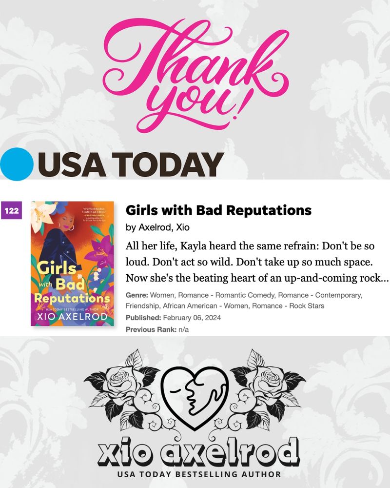 Thank you written in pink script 

USA TODAY logo

122
Girls with Bad Reputations
XIO AXELROD

Girls with Bad Reputations
by Axelrod, Xio

All her life, Kayla heard the same refrain: Don't be so loud. Don't act so wild. Don't take up so much space.

Now she's the beating heart of an up-and-coming rock...

Genre: Women, Romance - Romantic Comedy, Romance Contemporary, Friendship, African American - Women, Romance - Rock Stars

Published: February 06, 2024

Previous Rank: n/a

xio axelrod logo

USA TODAY BESTSELLING AUTHOR