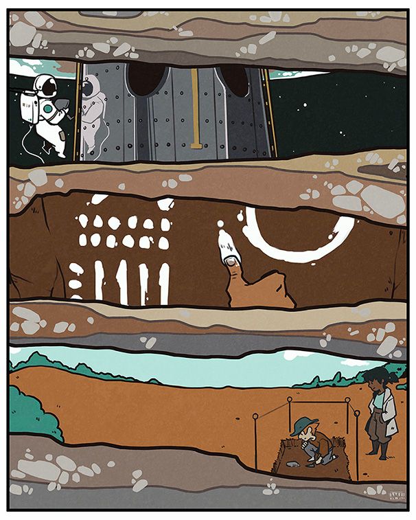 Poster design intended to look like stratigraphy with three layers as vignettes featuring archaeological themes from an upcoming conference.  The first features an astronaut floating near a metal structure above earth. The second zooms in on rock art in progress with a hand tracing a design in white pigment. The third features a small excavation with a figure examining a find in situ as a colleague looks on. 