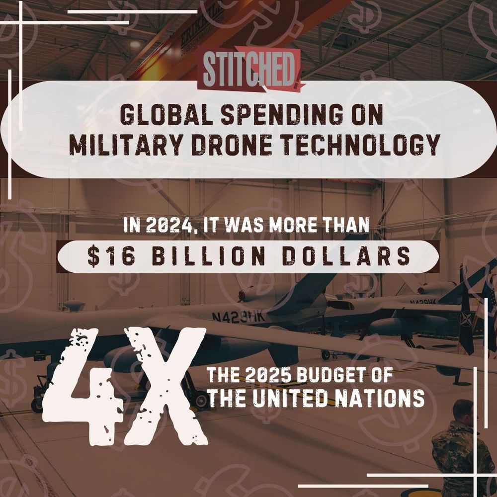 a graphic that reads "global spending on military drone technology, in 2024, it was more than $16 billion dollars; 4X the 2025 budget of The United Nations."