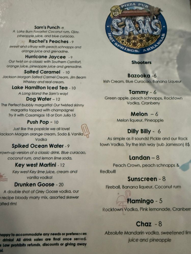 Drink menu from Sam’s bar, Lake Hamilton Arkansas 