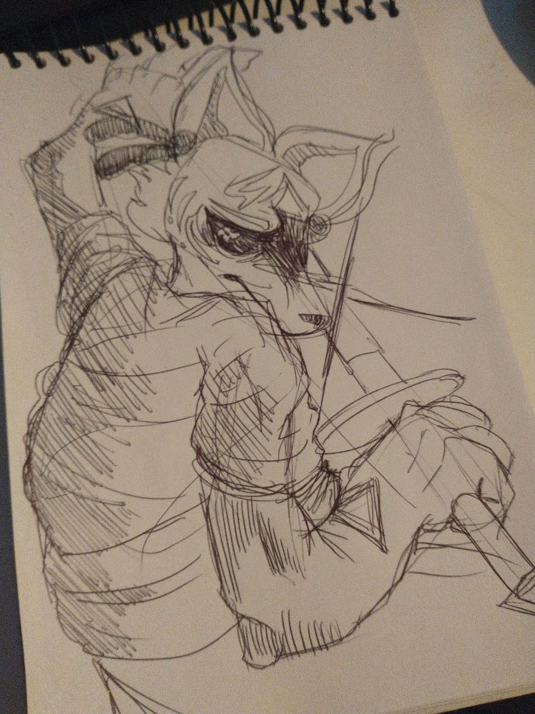 A sketchbook depicting an anthropomorphic fox woman from behind brandishing a sword while she looks intimidating 