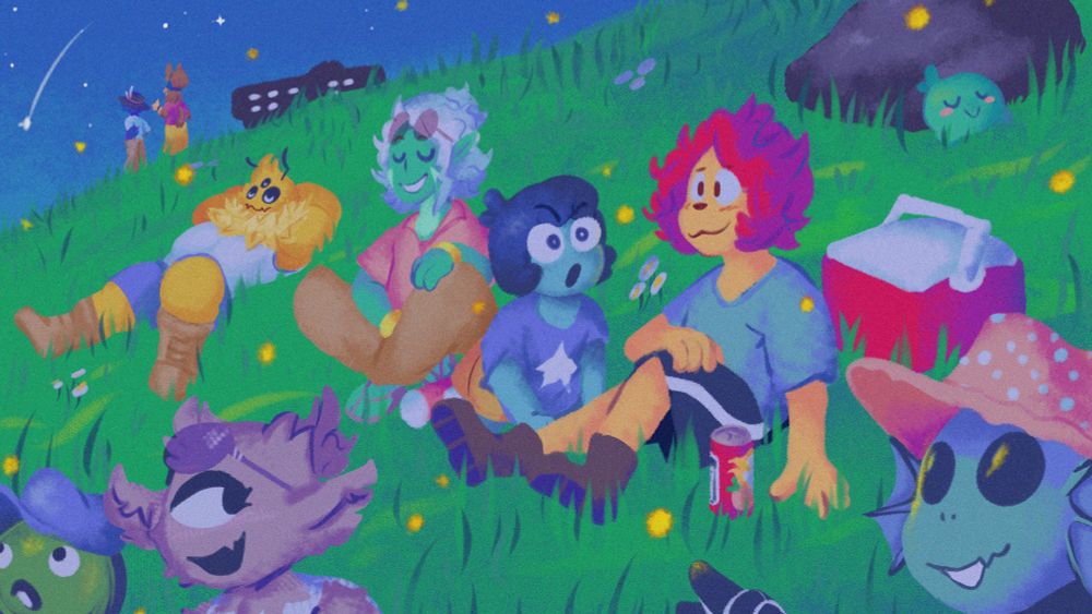 An image of a group of aliens sitting on a grassy field at night watching shooting stars. The view is focused on Axis, a lion-like alien, looking content and watching a firefly in front of him.