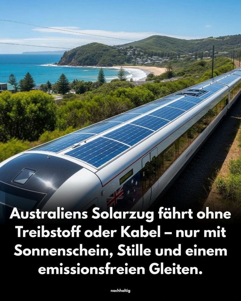 Ein Zug mit Solaranlagen auf dem Dach fährt im Süden Australiens durch eine Landschaft am Meer.