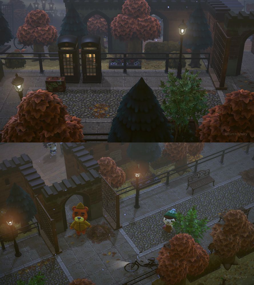 ACNH screenshots of my island entrance, which leads straight to the Resident Services building. Shown are cobblestone paths, lit by streetlamps and lined with autumn trees along with their fallen leaves. It's a cloudy evening and there's light snowfall.