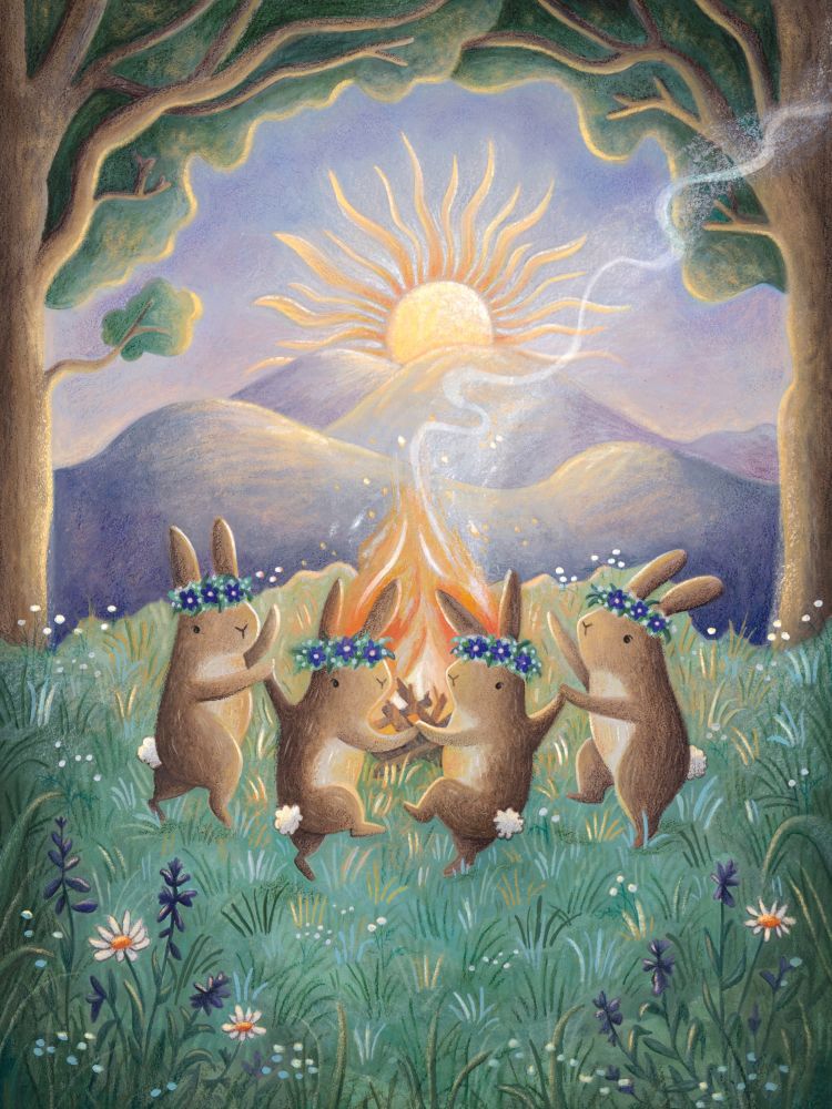 An illustration showing four bunnies wearing flower crowns dancing around a bonfire with the sun setting behind them and two trees on either side of the image