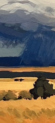 Small screen shot section of landscape painting showing contrast of golden wheat fields with blue-grey shades of thundering skies.