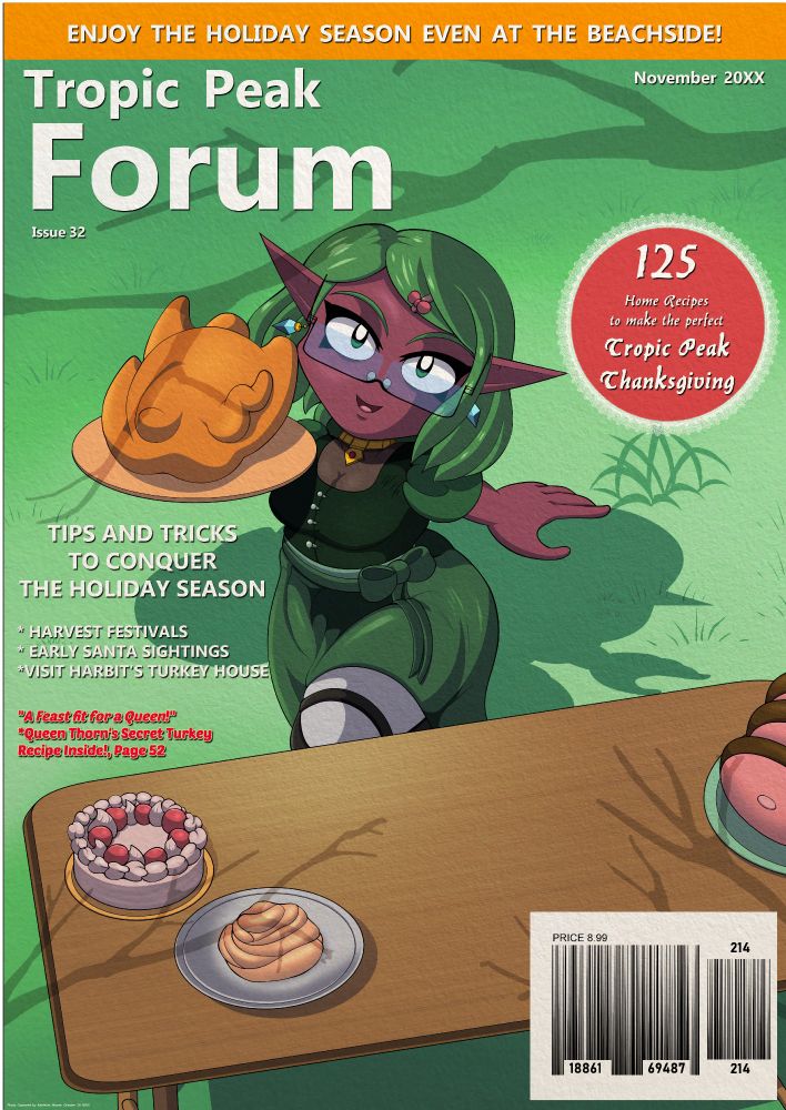 A scanned magazine cover of the popular Tropic Peak Forum Thanksgiving Edition featuring Janet Caden on the cover. Some like the way her eyes shine in the camera so she opt to put her lenses down for this occasion. She is not however fond of the attention her "Winter" skin gives her.