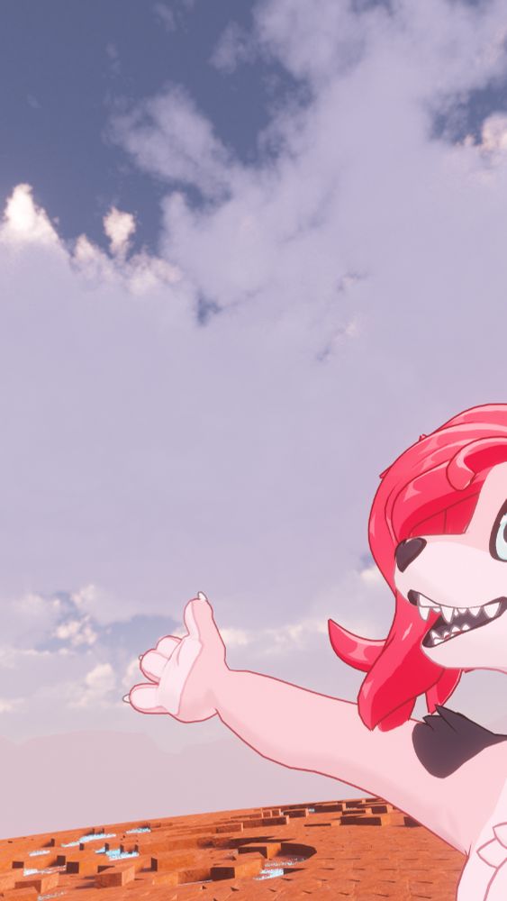 another screenshot from VRChat, a pink creature points at the sky excitedly. standing amongst the bricks. 