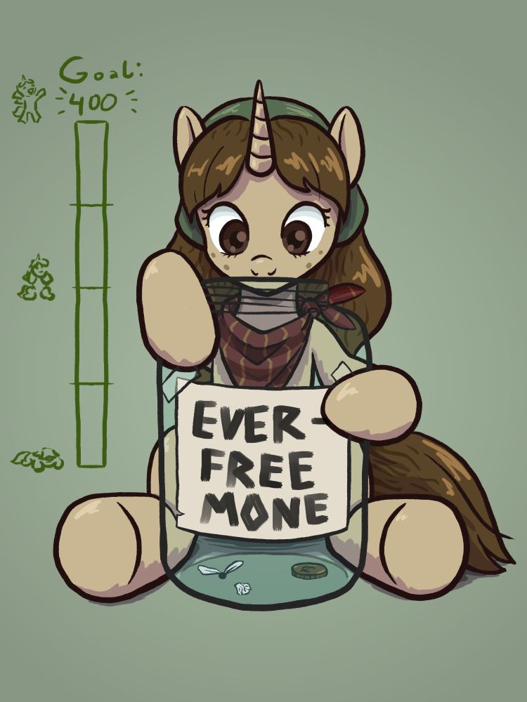 A tan unicorn with brown hair stares down into an empty jar labeled "Everfree Mone. " 