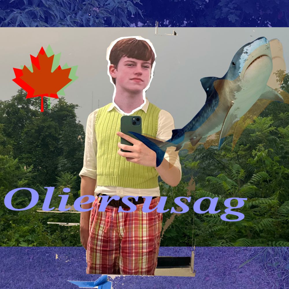 Oliersusag album cover. Boy with phone, Canadian maple leaf, and a shark.