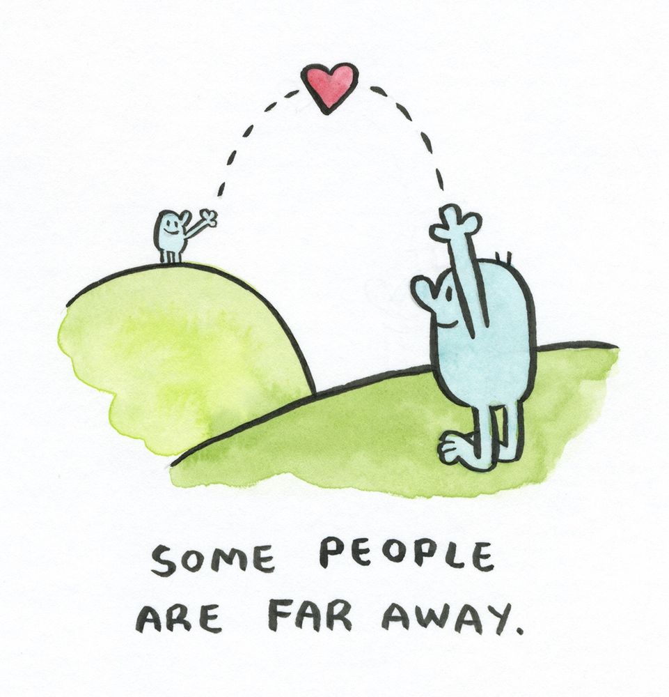 watercolor and india ink, two cartoon guys, one on a near hill and one on a further hill, each with one arm raised and a dotted-line curves between them with a heart in the middle of the curve.