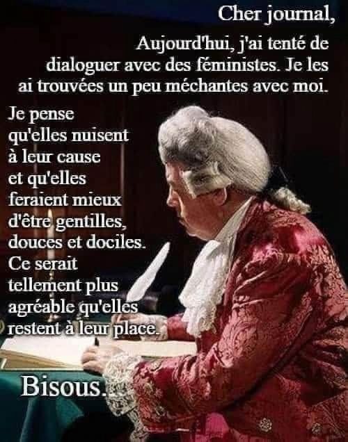 Photo d'un homme blanc habillé comme au 18ème siècle (enfin par-là, avec une perruque blanche et tout), en train d'écrire une longue lettre avec une plume. Le texte dit : "Cher journal, aujourd'hui j'ai tenté de dialoguer avec des féministes. Je les ai trouvées un peu méchantes avec moi. Je pense qu'elles nuisent à leur cause et qu'elles feraient mieux d'être gentilles, douces et dociles. Ce serait tellement plus agréable qu'elles restent à leur place. Bisous."