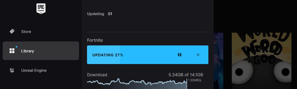 A screenshot of fortnite being updated in the epic games launcher