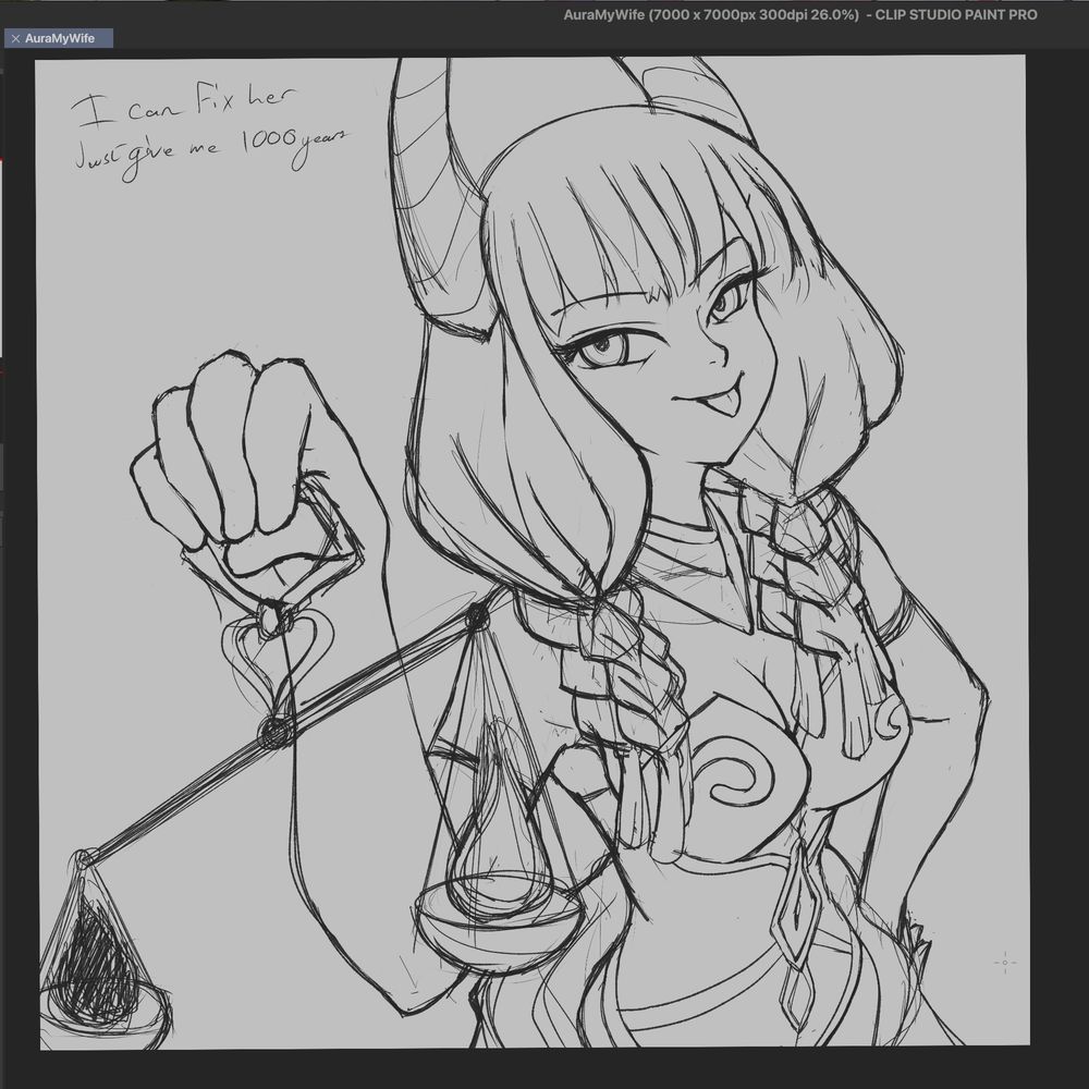WIP Sketch of Aura the Guilotine from Frieren: Beyond Journey's End. She holds up the Obedience Scales, and it would seem that she has won.